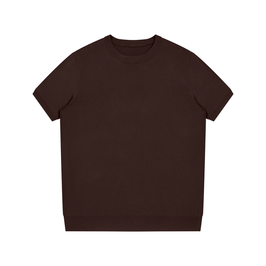 Marcel Afters Crewneck Knit T-Shirt in Brown, laid flat