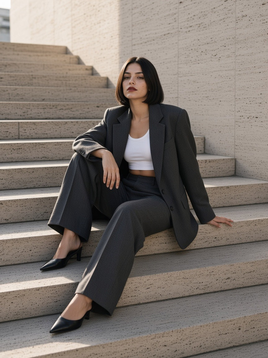 Woman in the Women's Cropped Tank Top in White under an open blazer on a travertine stair in Milan in the morning