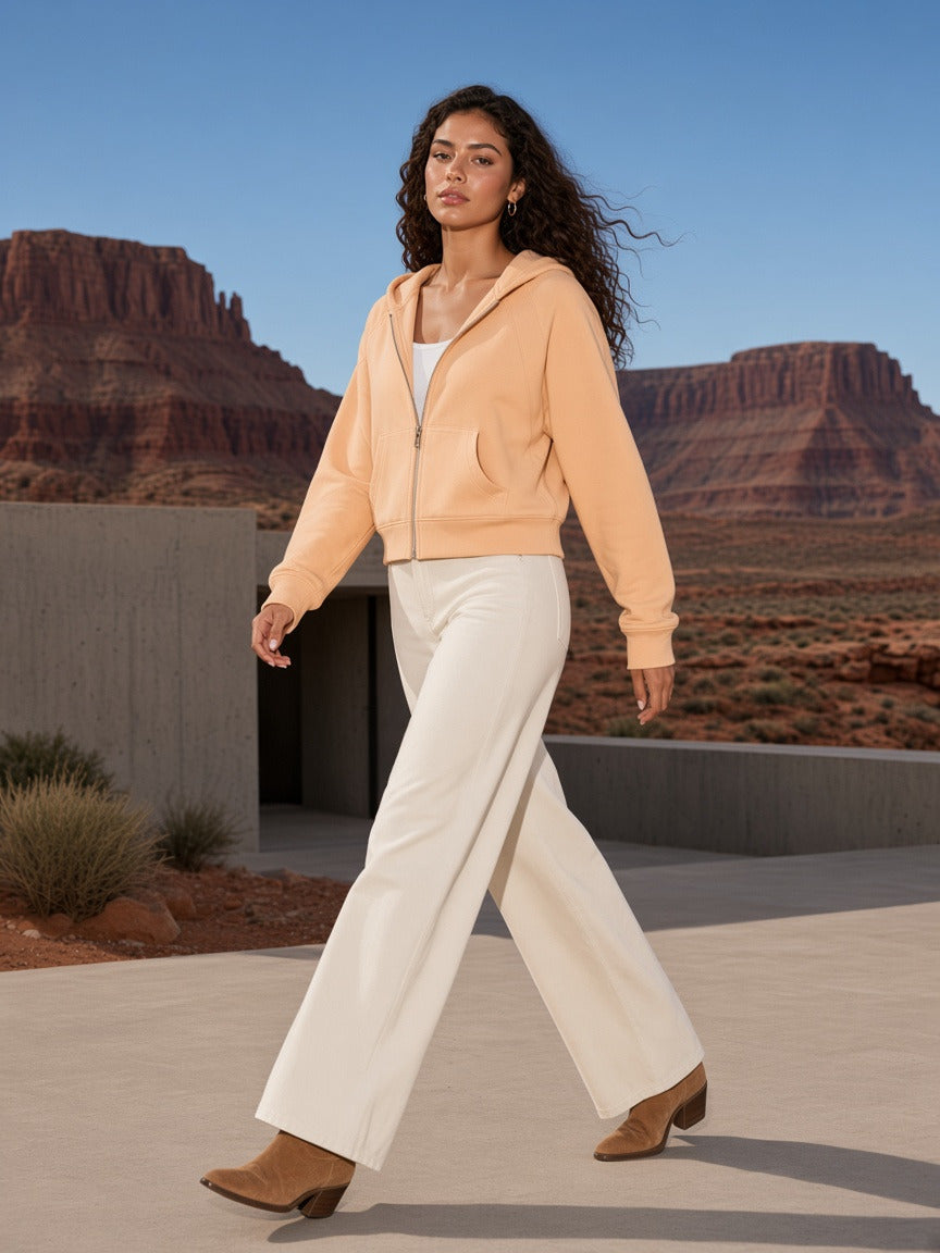 Woman wearing the Cropped Zip-Through Hoodie in Mild Apricot, full-length model photo