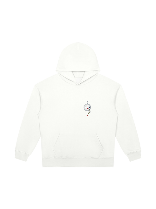 Disco, Dripping heavyweight pullover hoodie in White, front view with a disco ball dripping one red drop on the left chest. Marcel Afters.