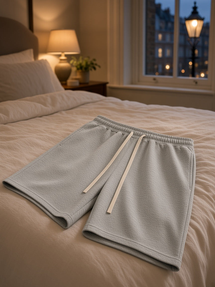 Marcel Afters Drawstring Shorts in Gray, laid flat, bedroom