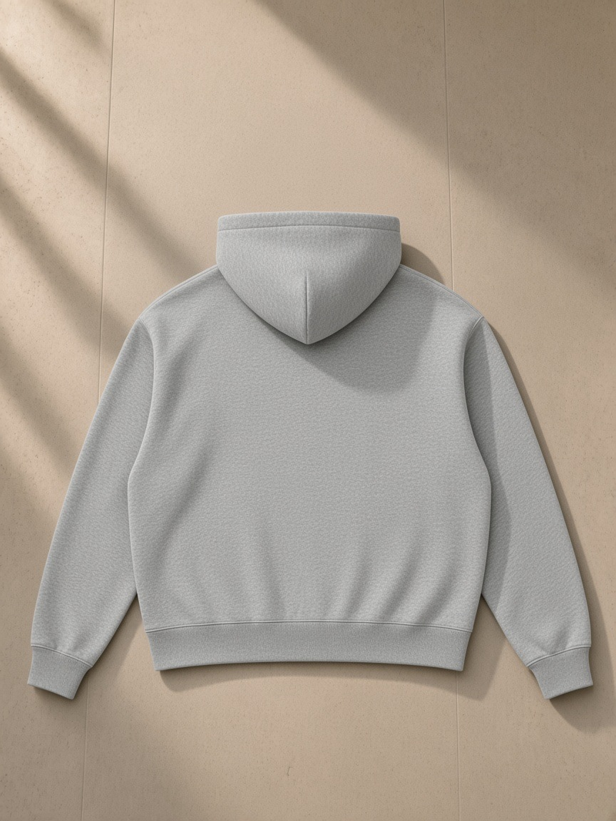 Drop shoulder full-zip hoodie in Flower Gray, laid flat on pale limestone, back view