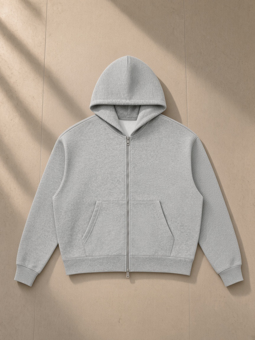 Drop Shoulder Full Zip Hoodie in Flower Gray, laid flat on pale limestone, front.