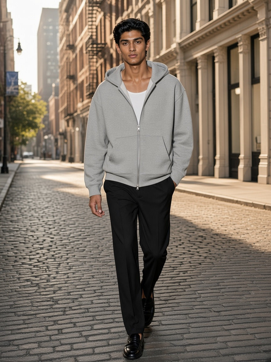 Model wearing the Drop Shoulder Full Zip Hoodie in Flower Gray, full-length model photo