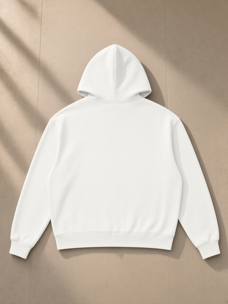 Drop shoulder full-zip hoodie in White, laid flat on pale limestone, back view