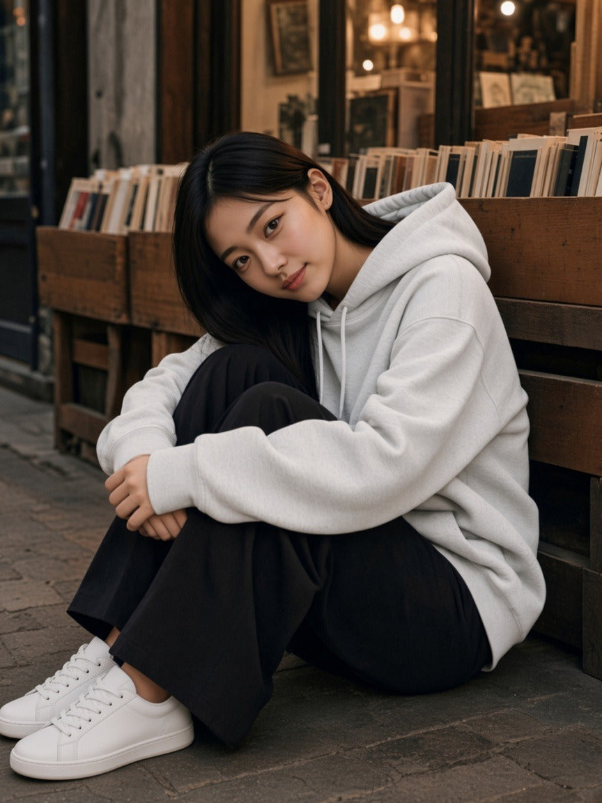 Model wearing the Drop Shoulder Hoodie in Flower Gray, full-length model photo