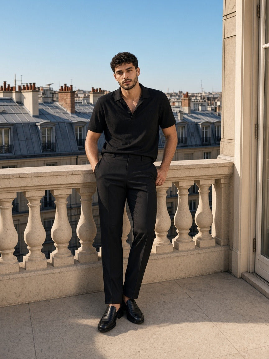 Model wearing the Drop Shoulder Short-Sleeve Polo in Black, full-length model photo