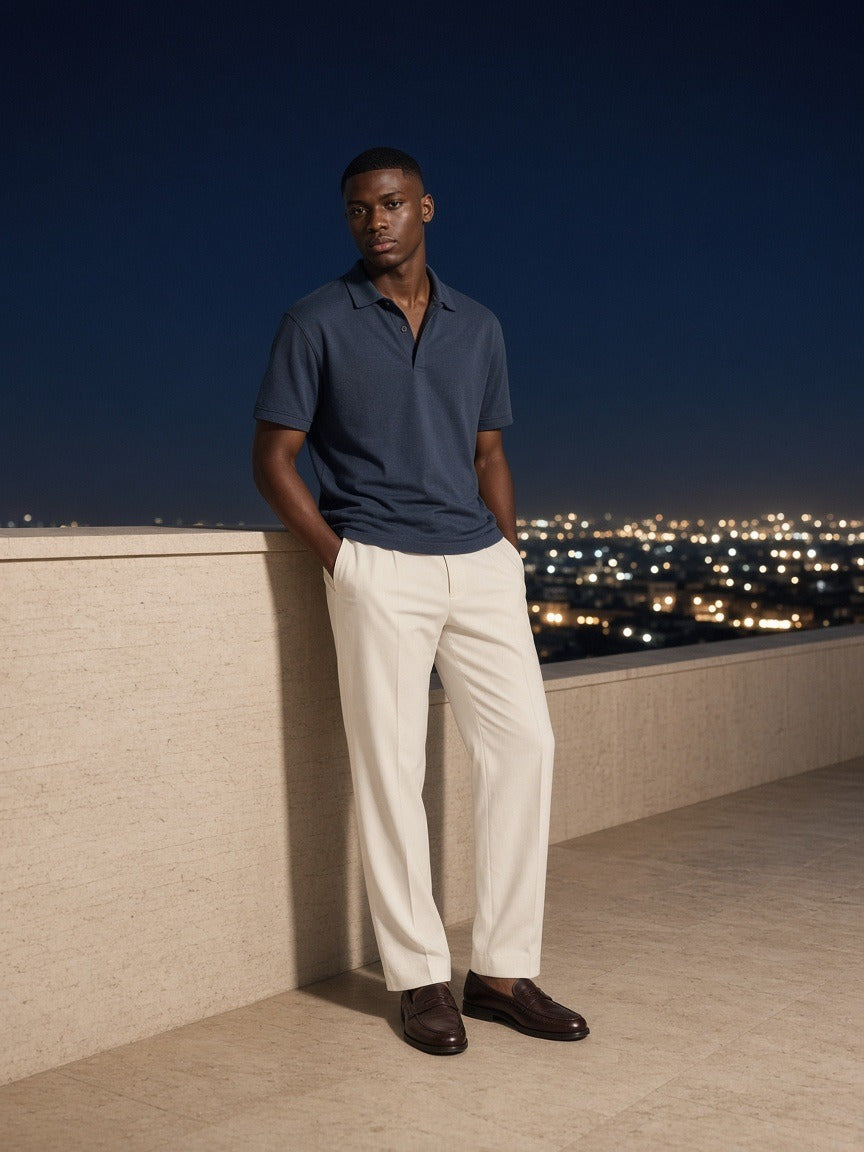Model wearing the Drop Shoulder Short-Sleeve Polo in Navy Blue, full-length model photo