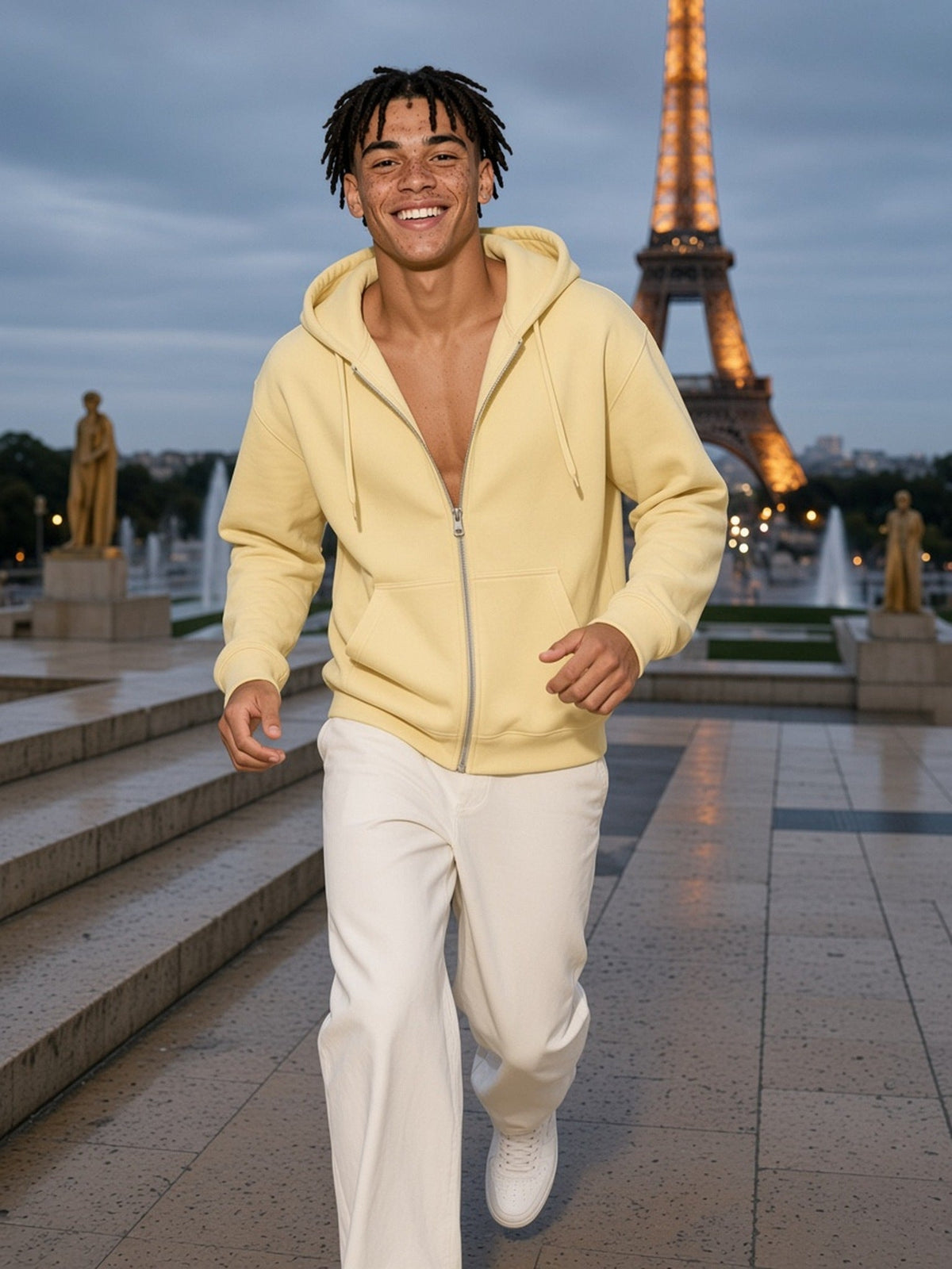 Marcel Afters Drop-Shoulder Zip Up Hoodie in Mild Apricot, worn by a man, eiffel tower