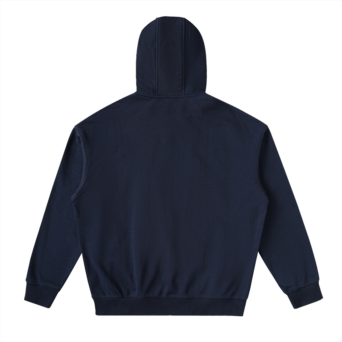 Marcel Afters Drop-Shoulder Zip Up Hoodie in Navy Blue, laid flat