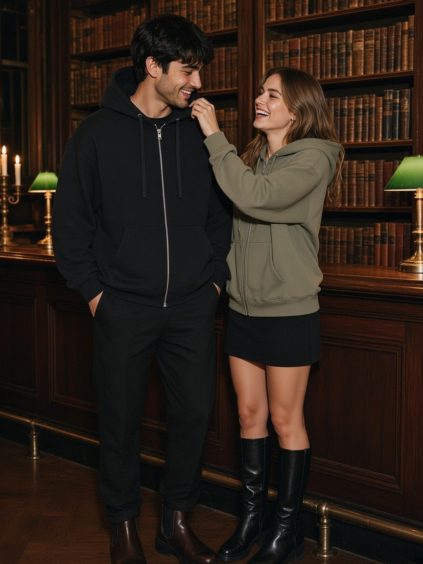 Marcel Afters Drop-Shoulder Zip Up Hoodie in Black, worn by a woman, library