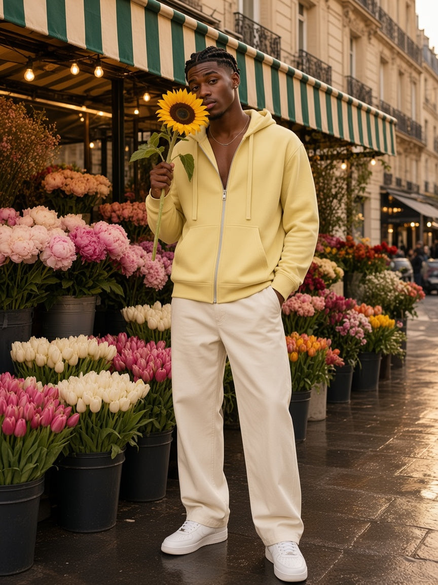 Marcel Afters Drop-Shoulder Zip Up Hoodie in Yellow, worn by a man, on a city street