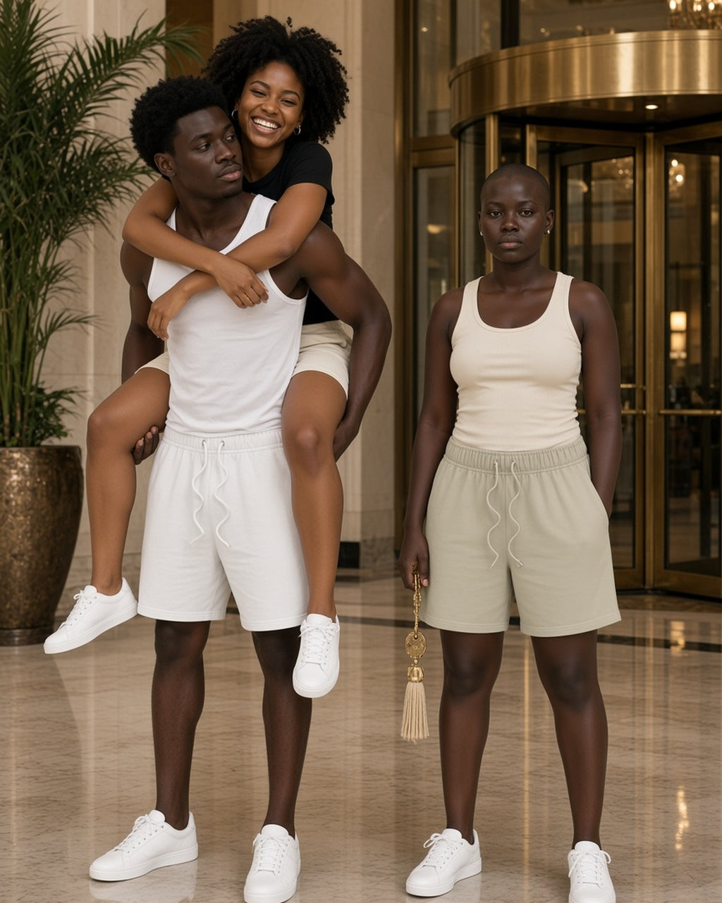 Three people in the Earth Tone Loose Fit Cotton Shorts in White, Oat Gray and Sand Color, one riding piggyback in a grand hotel lobby