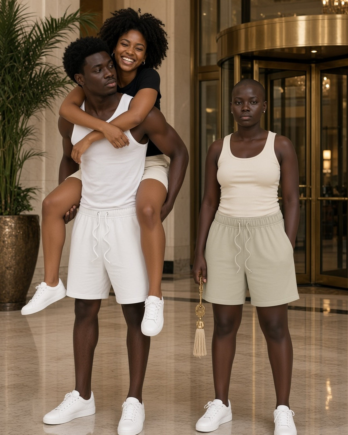 Three people in the Earth Tone Loose Fit Cotton Shorts in White, Oat Gray and Sand Color, one riding piggyback in a grand hotel lobby