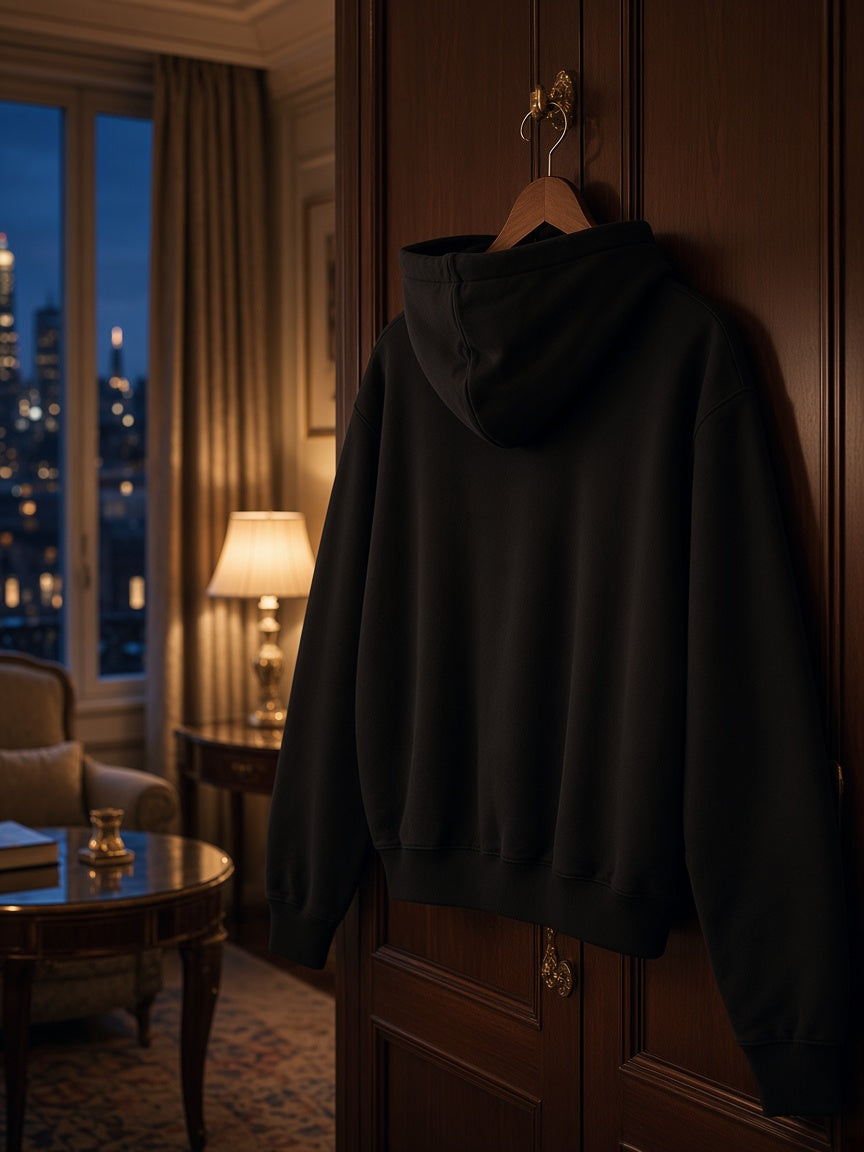 Marcel Afters Essential Boxy Darted Sleeve Hoodie in Black, on a hanger, dark wood panelled room