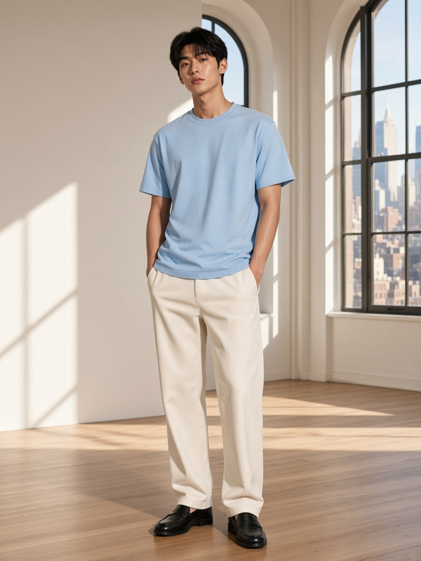Model wearing the Essential Cotton Boxy T-Shirt in Sky Blue, full-length model photo