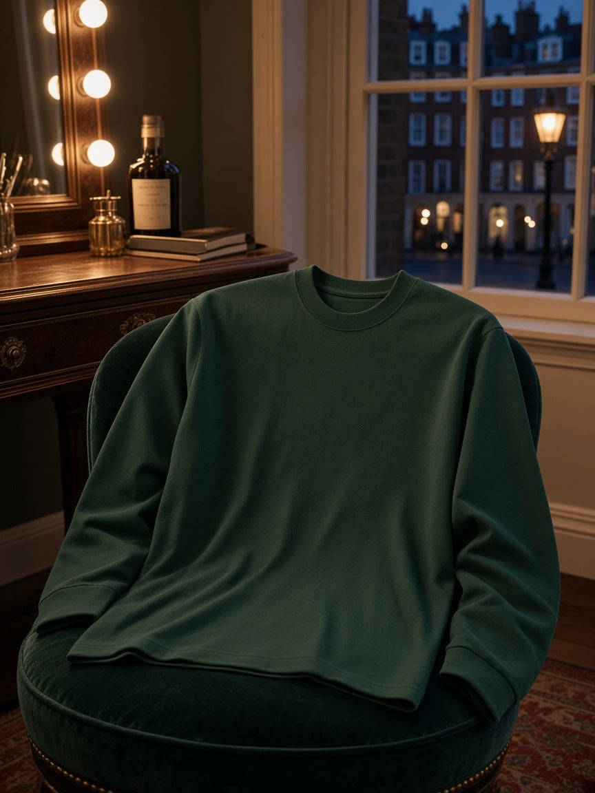 Marcel Afters Essential Cotton Long Sleeve T-Shirt in Green, laid flat, dressing room
