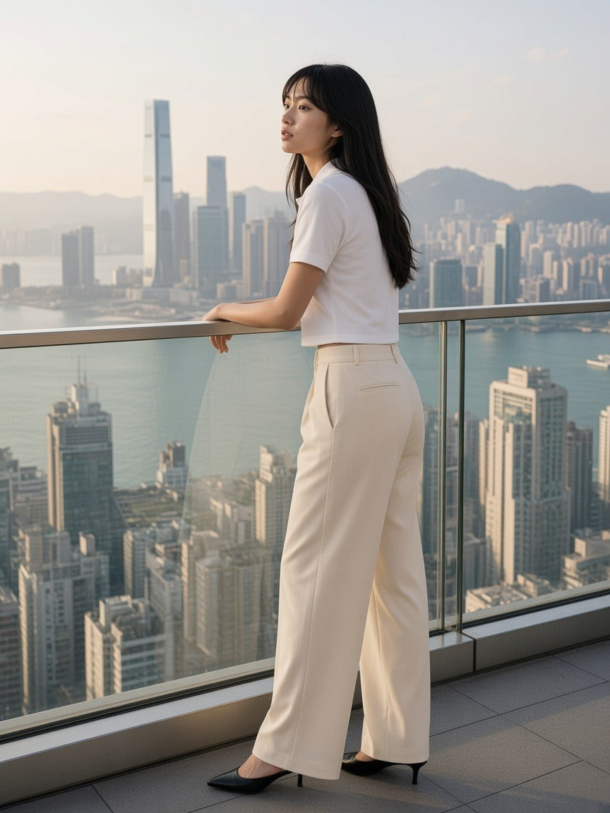 Woman wearing the Essential Cropped Polo Shirt in White, full-length model photo