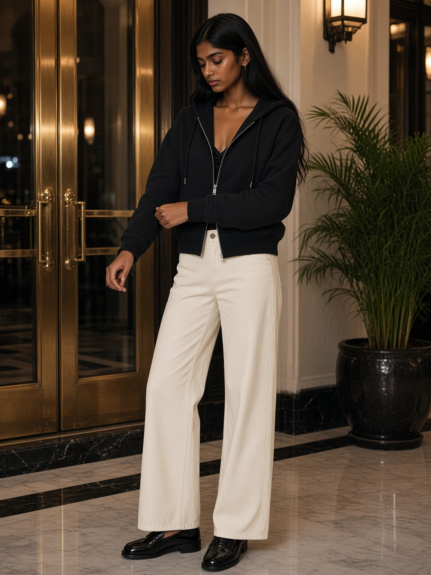Marcel Afters Essential Cropped Zip-Up Hoodie in Black, worn by a woman, hotel lobby