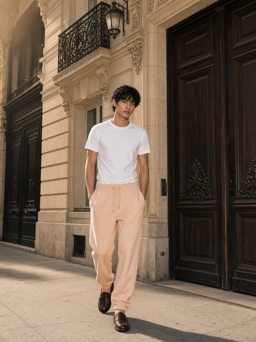 Man wearing the Essential Fleece Sweatpants in Apricot, full-length model photo
