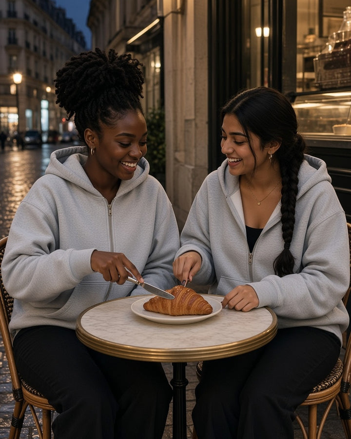 Two women in the Essential Fleece Zip-Through Hoodie in Flower Gray sharing a croissant at a Paris café at night
