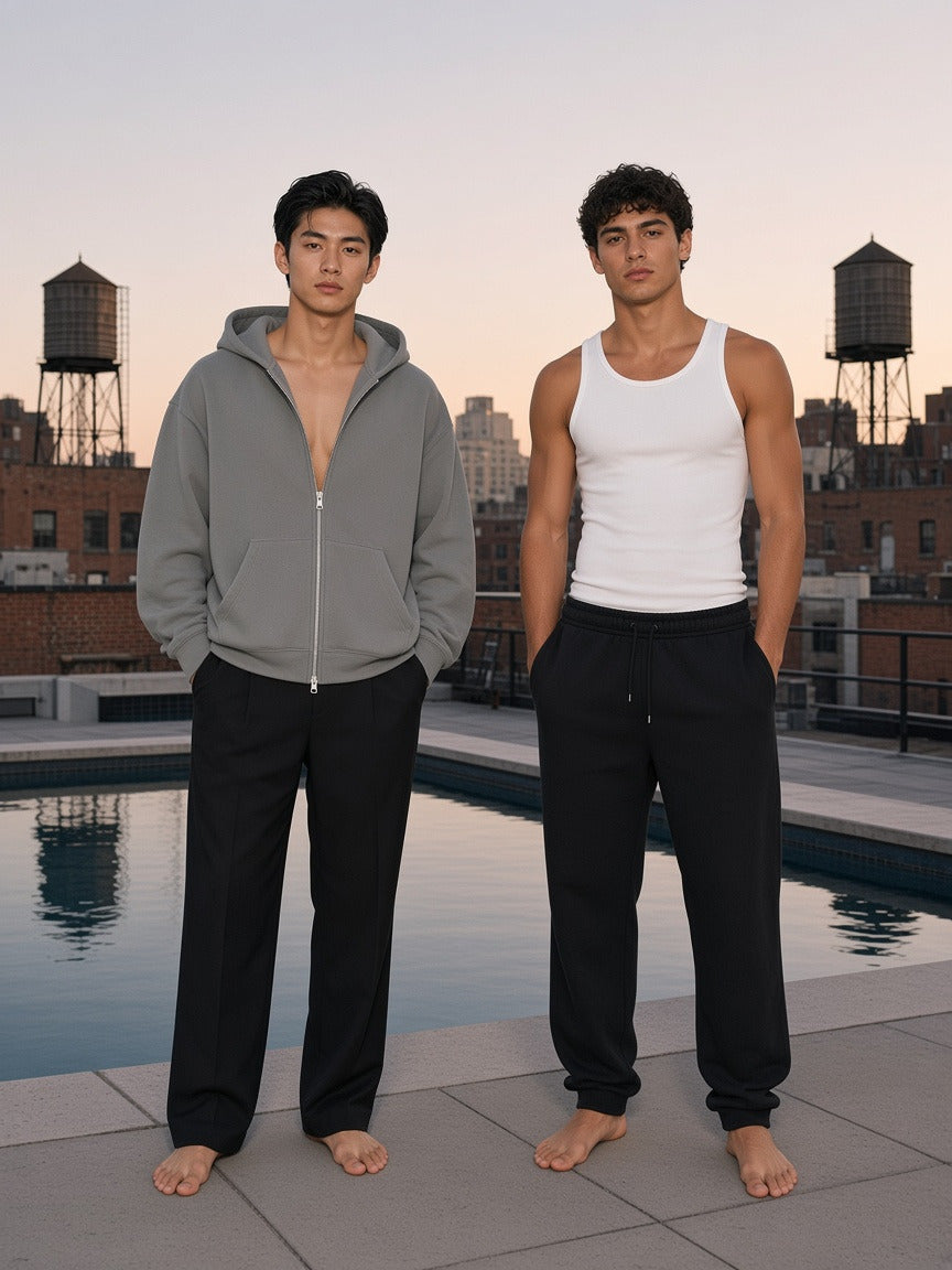 Two people wearing the Essential Fleece Zip-Through Hoodie in Medium Gray, full-length model photo