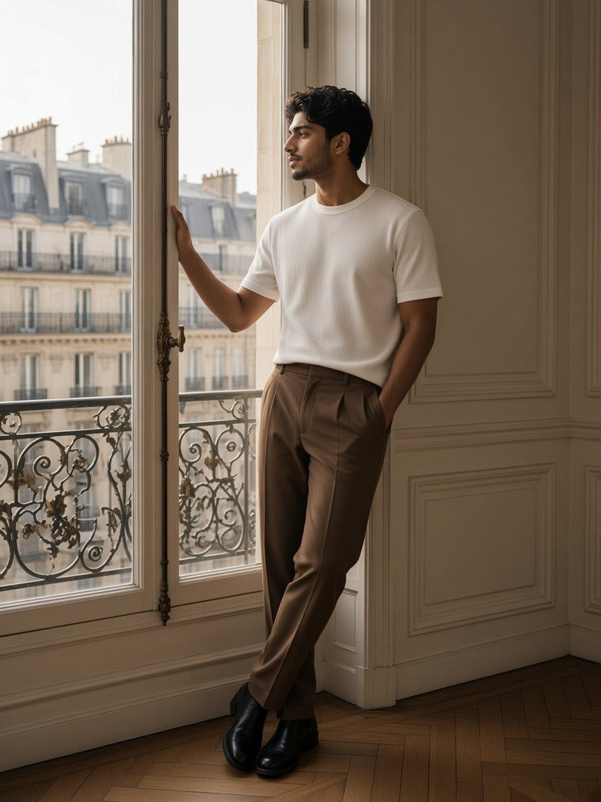 Model wearing the Essential Half Sleeve Ribbed T-Shirt in White, full-length model photo