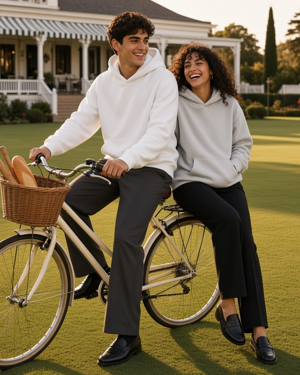 Two people in the Essential Heavyweight Boxy Fleece Hoodie in Oat Gray and White on a vintage bicycle on a club lawn at golden hour