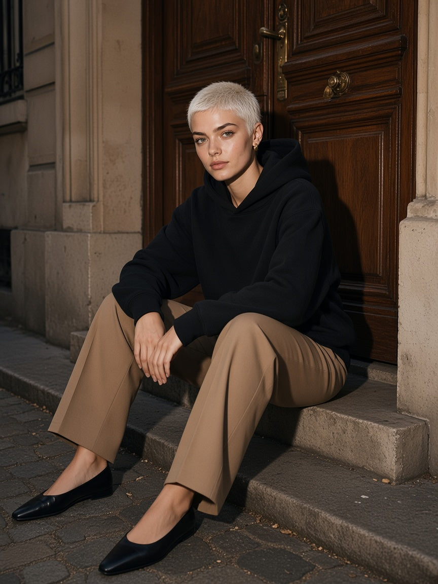 Marcel Afters Essential Heavyweight Cotton Hoodie in Black, worn by a woman, on a city street