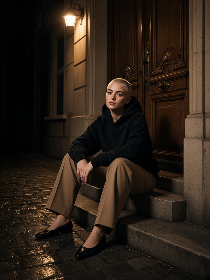 Woman in the Essential Heavyweight Cotton Hoodie in Black seated on the doorway steps of a Rue de Seine building in Paris at night
