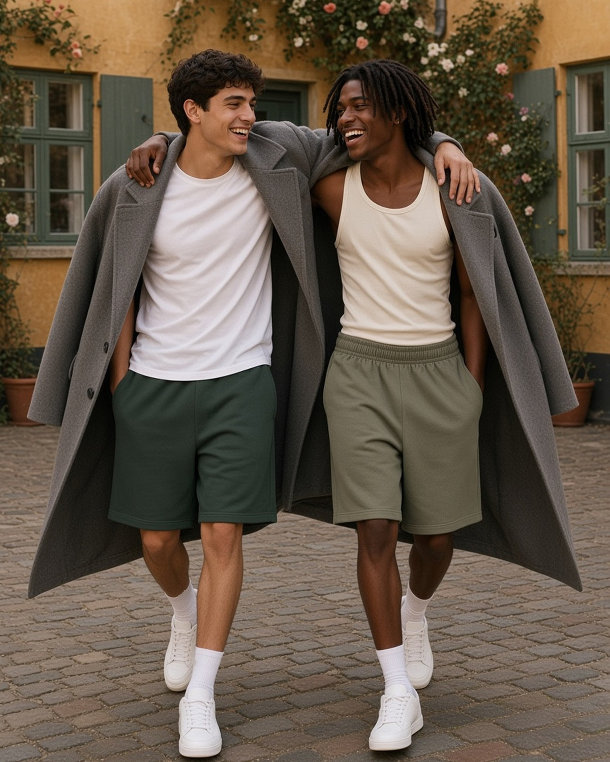 Two men in the Essential Heavyweight Cotton Shorts in Dark Green and Moss Green, sharing a grey overcoat and laughing in a Copenhagen courtyard