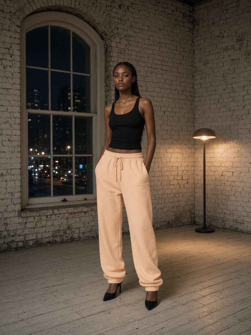 Woman wearing the Essential Heavyweight Cotton Sweatpants in Apricot, full-length model photo