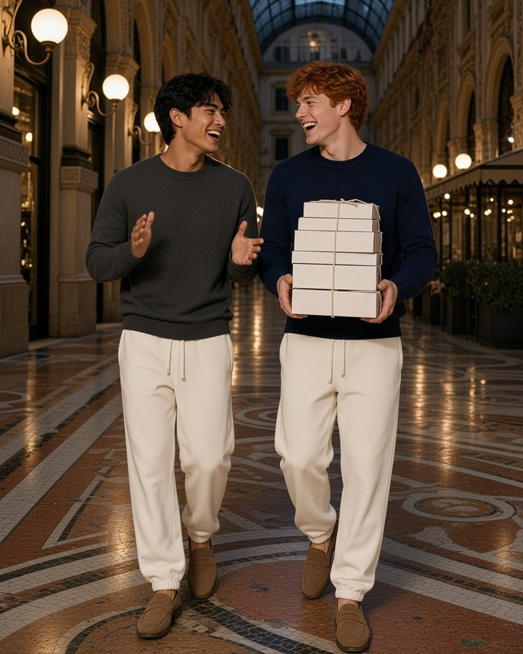 Two men in the Essential Heavyweight Cotton Sweatpants in Apricot carrying pastry boxes through a Milan arcade at night