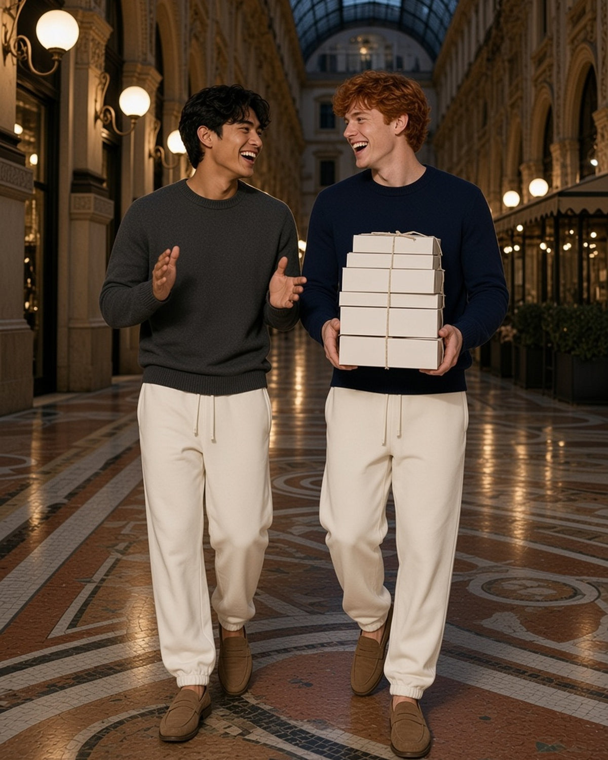 Two men in the Essential Heavyweight Cotton Sweatpants in Apricot carrying pastry boxes through a Milan arcade at night
