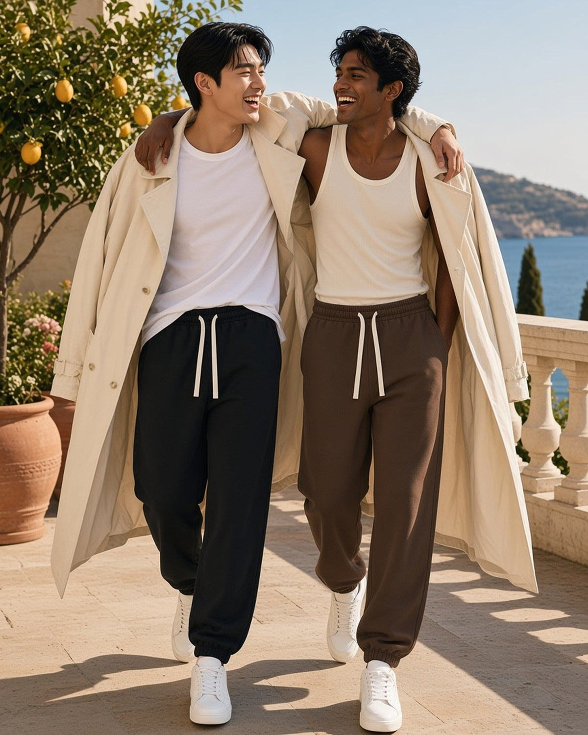 Two men in the Essential Heavyweight Cotton Sweatpants in Black and Coffee, sharing a cream trench coat and laughing on a Riviera terrace