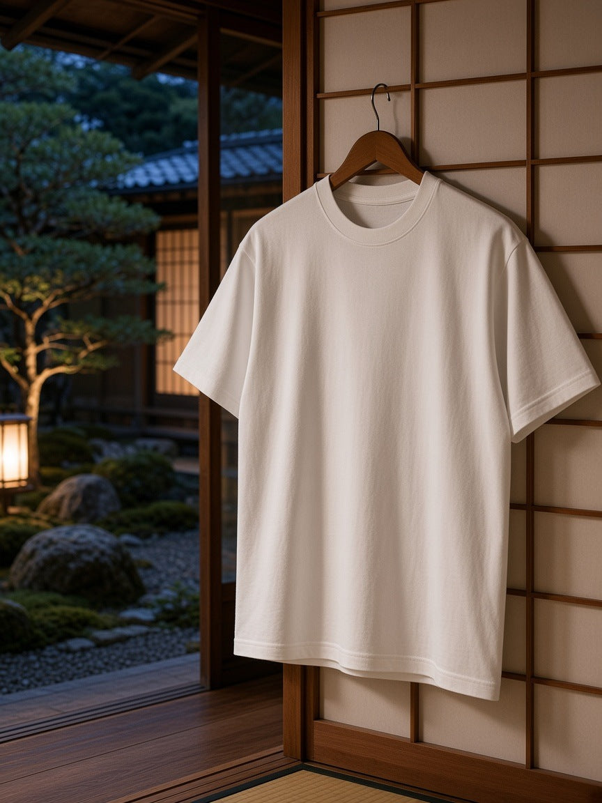 Marcel Afters Essential Heavyweight Cotton T-Shirt in White, on a hanger, japanese garden