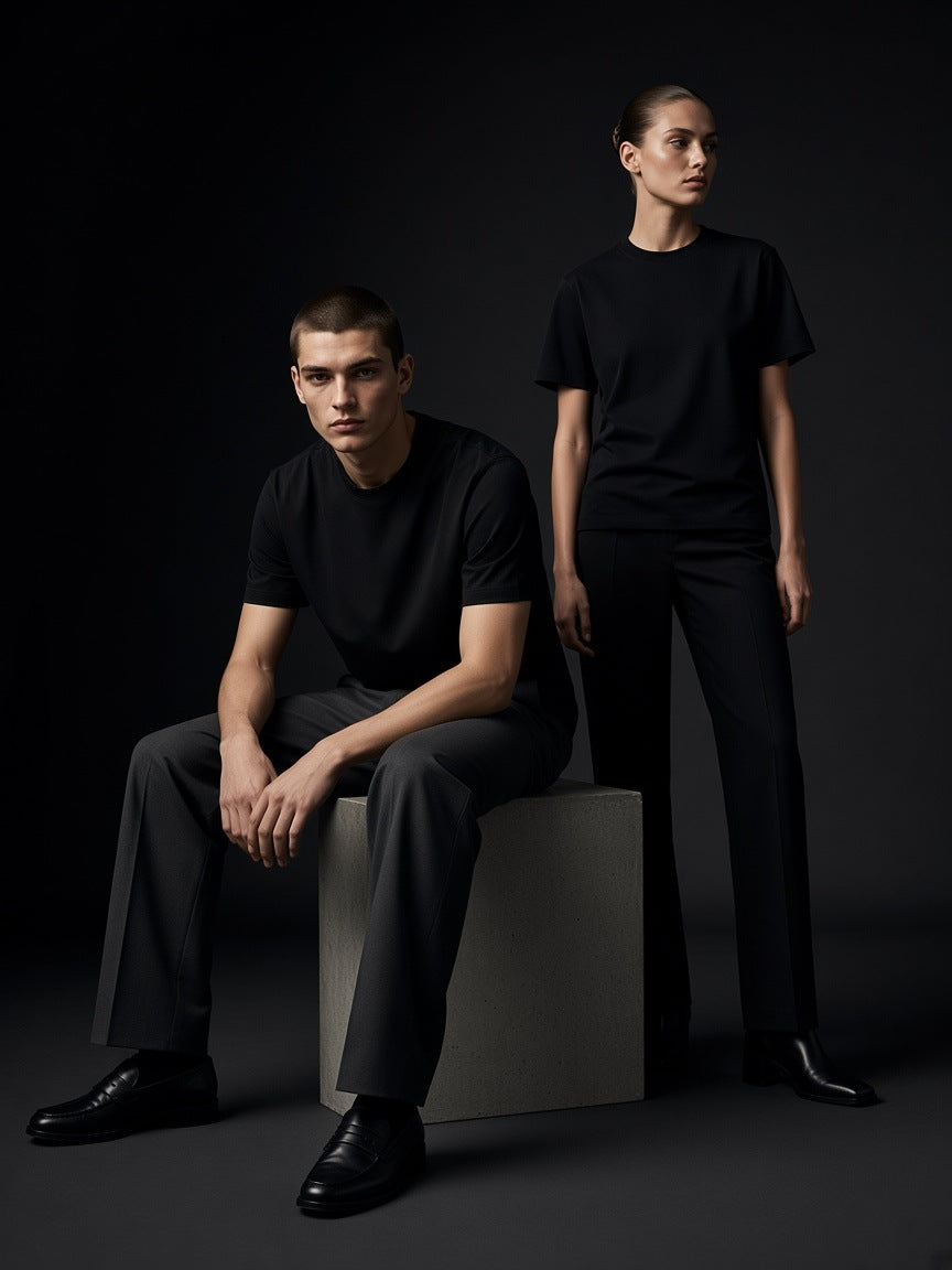 Two people in the Essential Heavyweight Cotton T-Shirt in Black, one seated on a concrete plinth, one standing, low-key charcoal studio