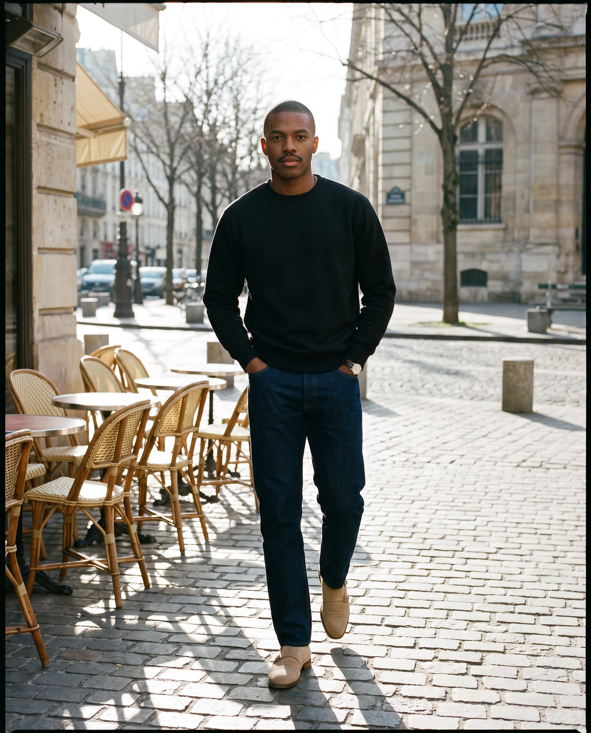 Man wearing the Marcel Afters Essential Heavyweight Crewneck Sweatshirt — Dark in Black, full-length editorial photograph