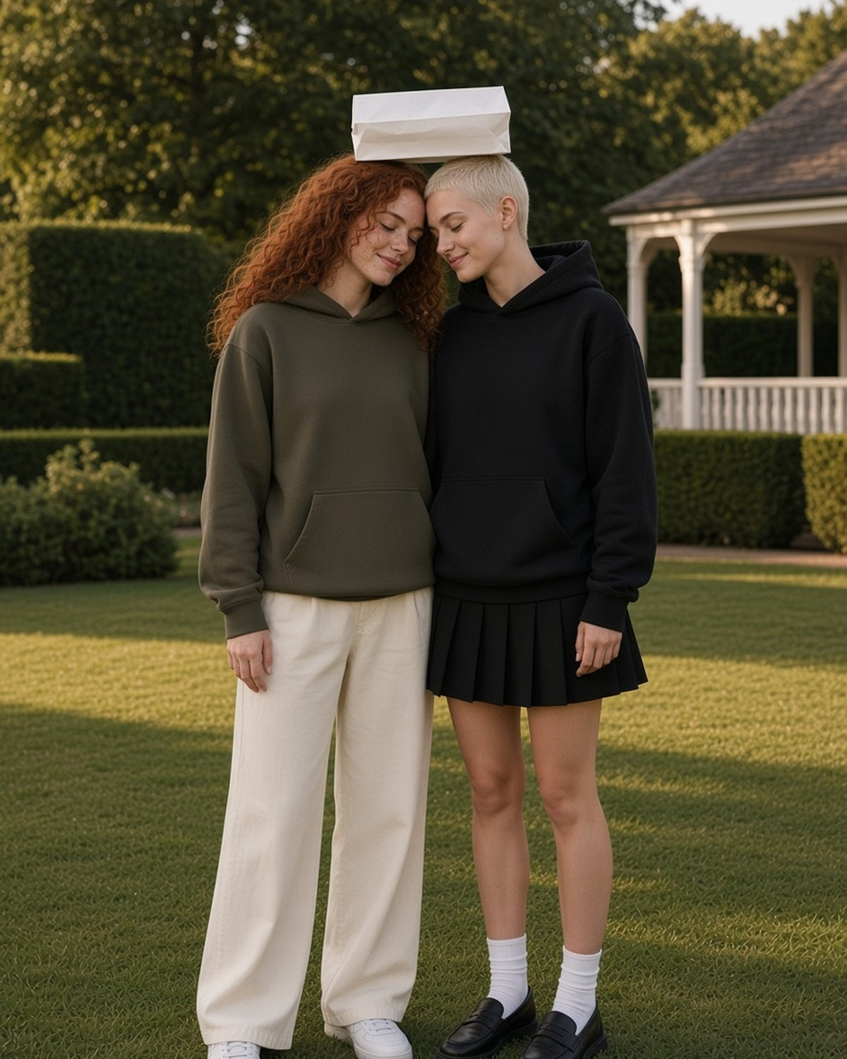 Two women in the Essential Heavyweight Fleece Hoodie in Olive Green and Black, forehead to forehead on a club lawn