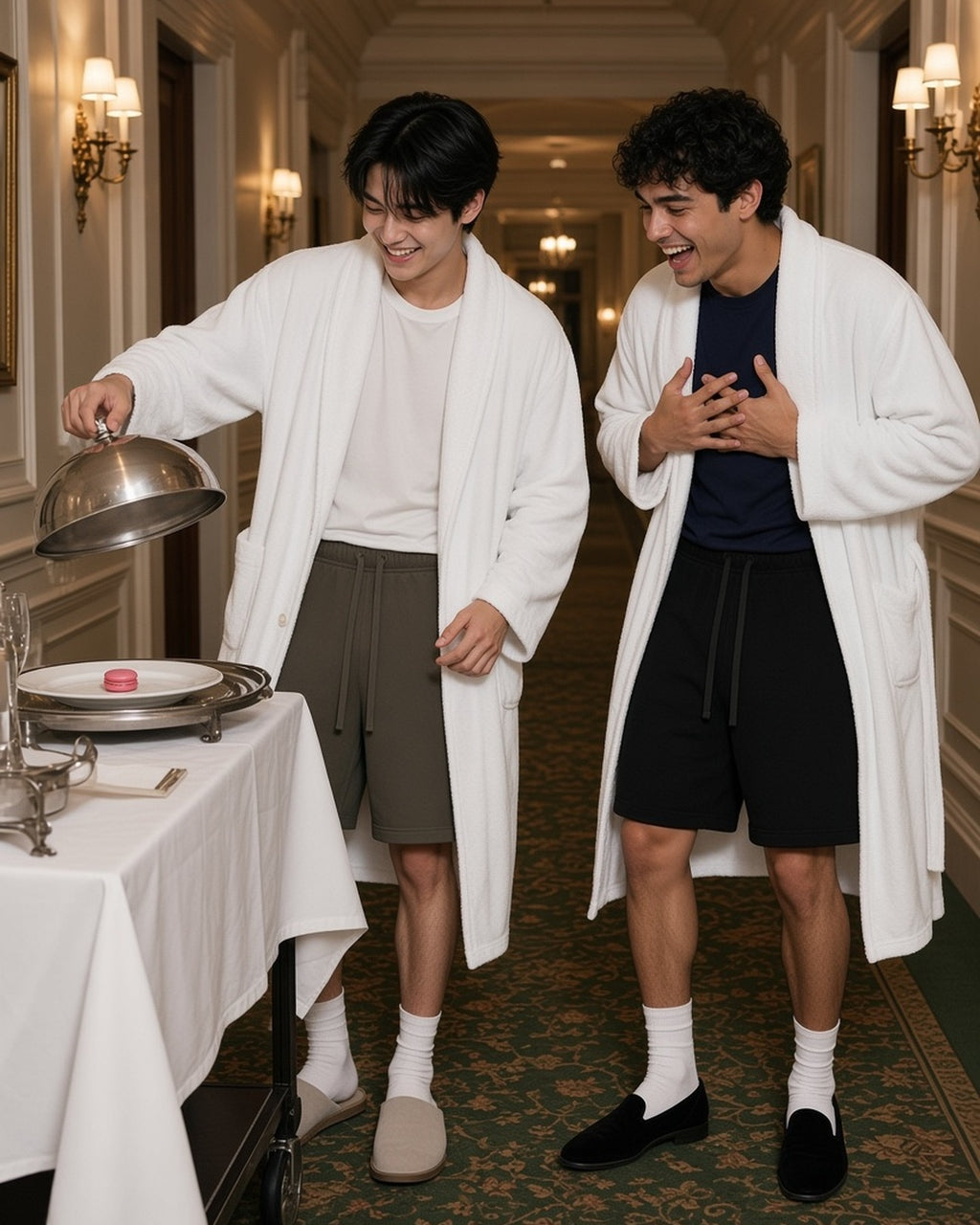 Two men in the Essential Heavyweight Fleece Shorts in Olive Green and Black, a room-service surprise in a grand-hotel corridor