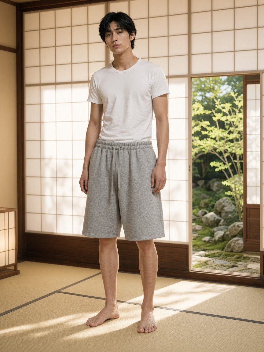 Man wearing the Essential Heavyweight Fleece Shorts in Flower Gray, full-length model photo