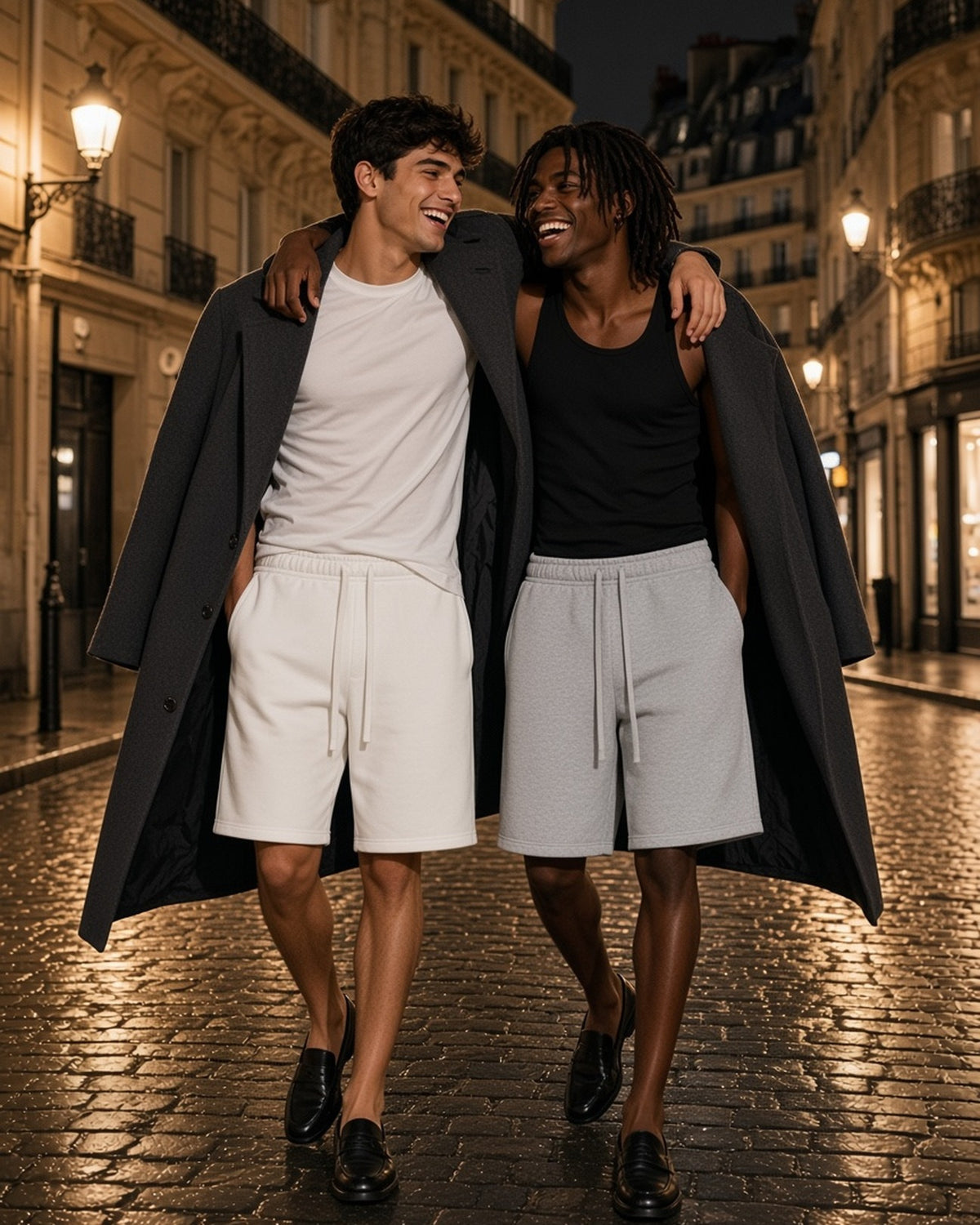 Two people wearing the Essential Heavyweight Fleece Shorts in White and Flower Gray, full-length model photo
