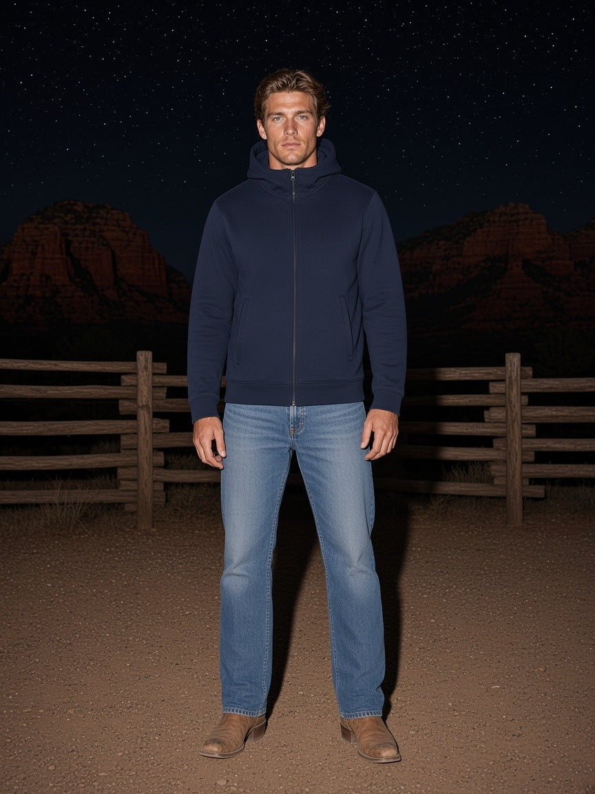 Marcel Afters Essential Heavyweight High Neck Zip-Up Hoodie in Navy Blue, worn by a man, desert