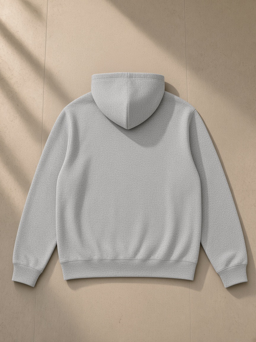 Essential heavyweight high-neck zip-up hoodie in Flower Gray, laid flat on pale limestone, back view