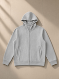 Essential heavyweight high-neck zip-up hoodie in Flower Gray, laid flat on pale limestone