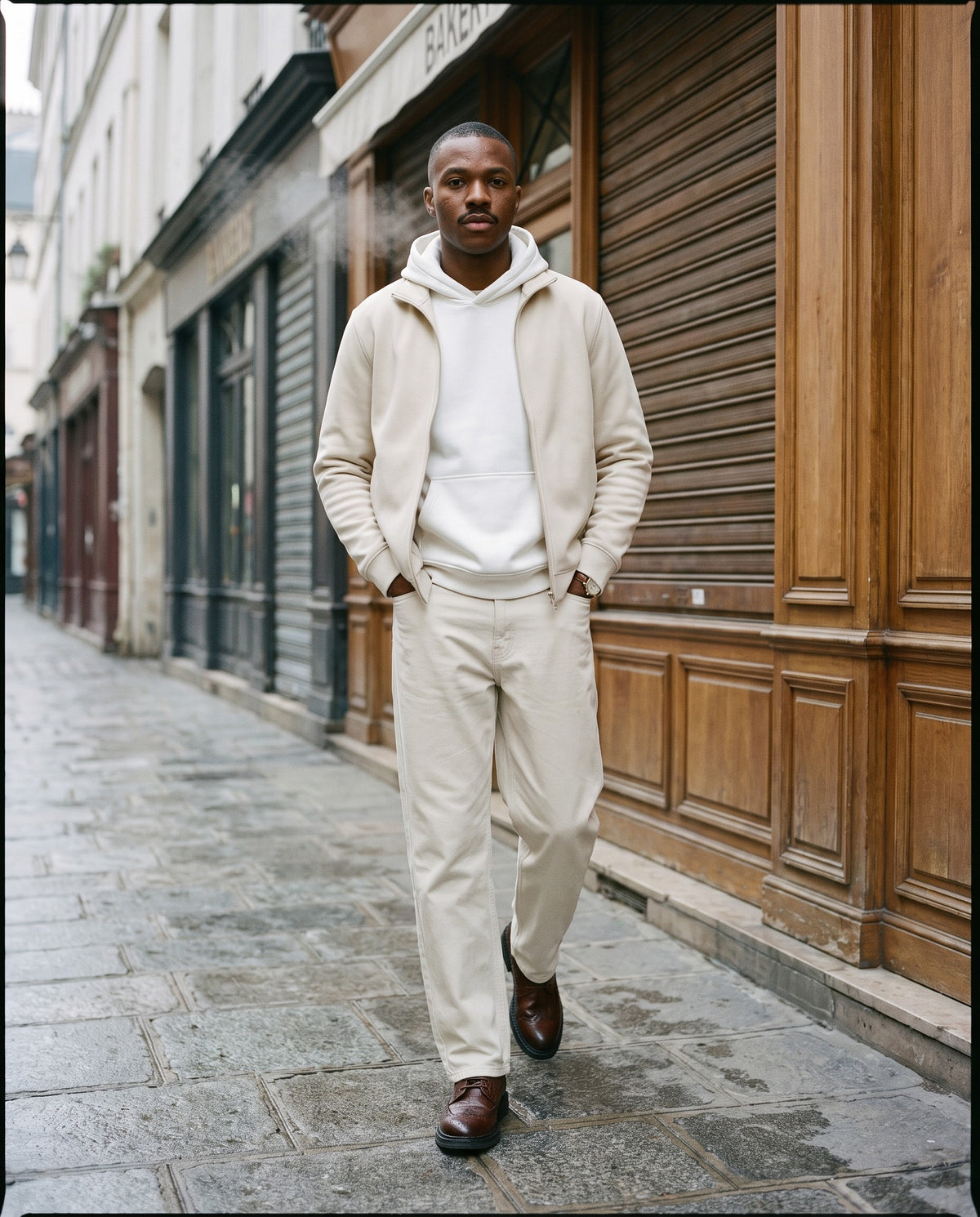 Man wearing the Marcel Afters Essential Heavyweight Hoodie, 400 gsm, Light Tones in White, full-length editorial photograph