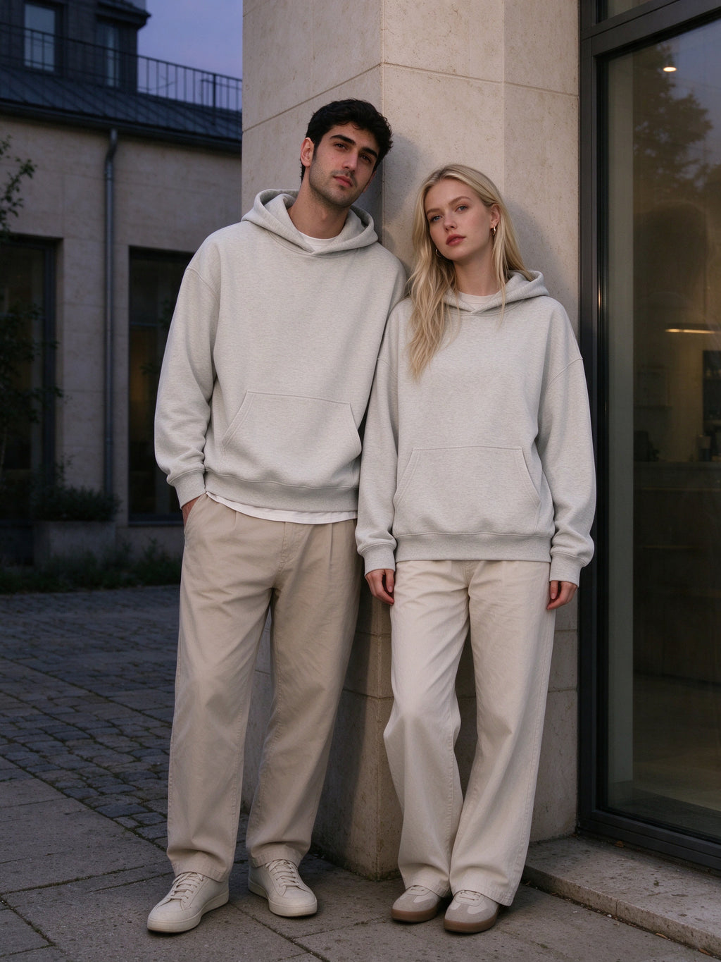 Marcel Afters Essential Heavyweight Hoodie in Oat Gray, worn by a man and a woman, leaning shoulder to shoulder against a pale stone corner at dusk in oat grey heavyweight hoodies