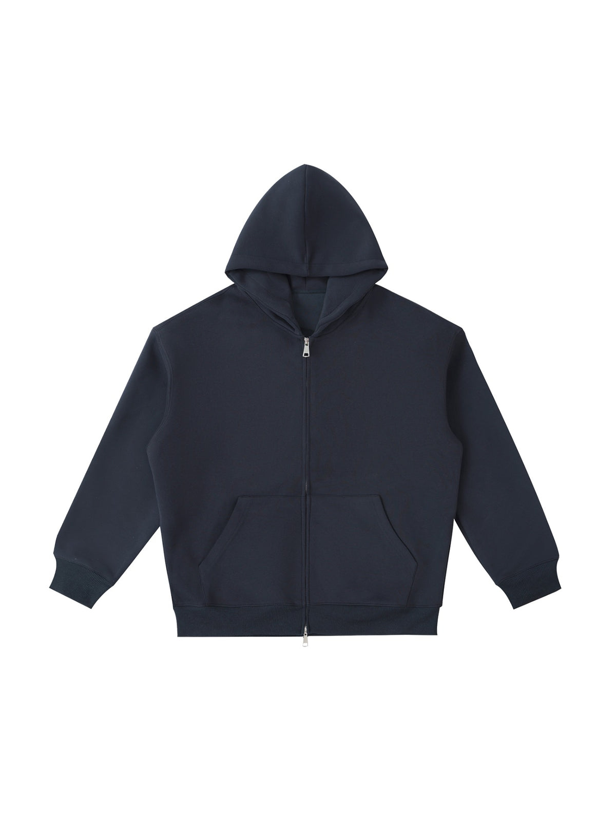 Marcel Afters Essential Heavyweight Pocket Hoodie in Navy Blue, laid flat