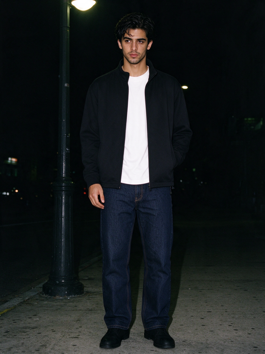 Man in Black heavyweight stand collar jacket over a white T-shirt and dark jeans, under a street lamp at night