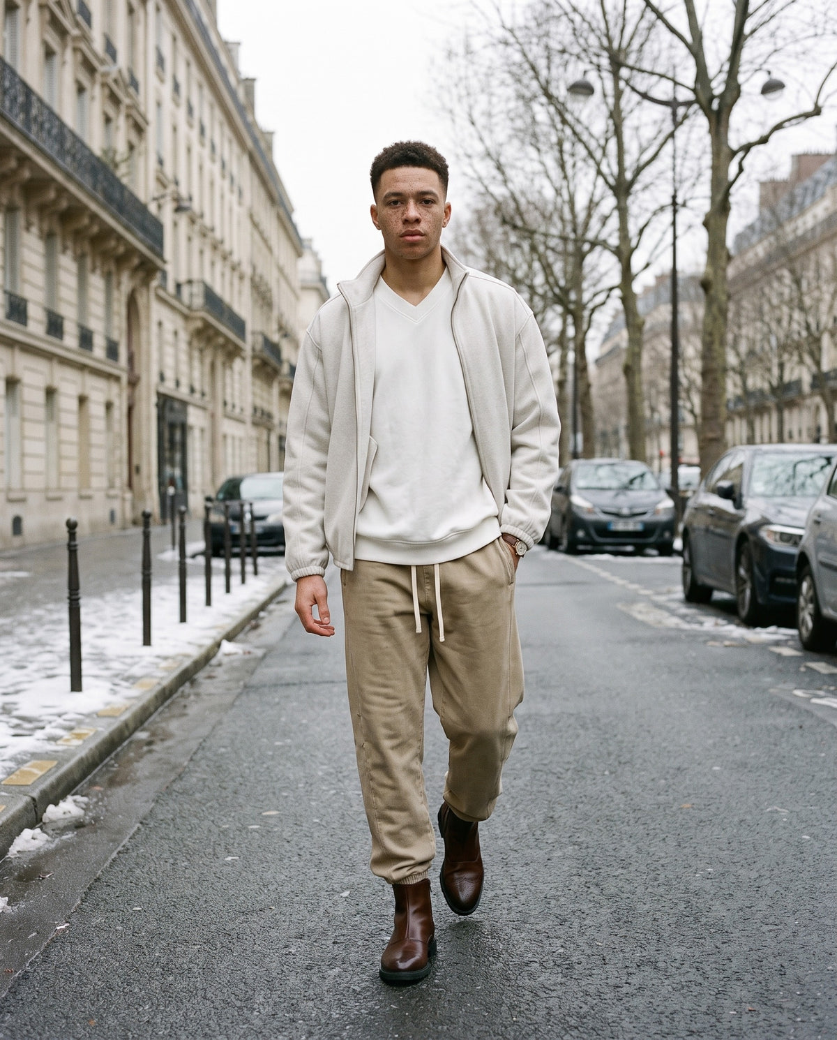 Man wearing the Marcel Afters Essential Heavyweight Stand Collar Jacket, Light Tones in Oat Gray, full-length editorial photograph
